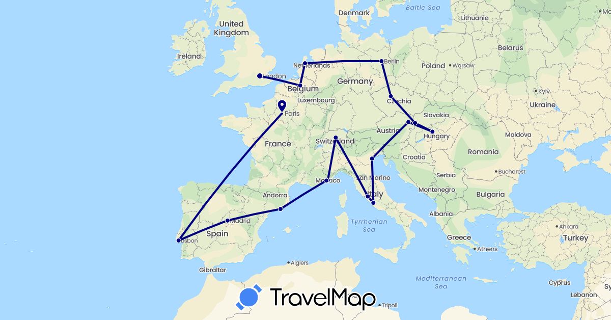 TravelMap itinerary: driving in Austria, Belgium, Switzerland, Czech Republic, Germany, Spain, France, United Kingdom, Hungary, Italy, Monaco, Netherlands, Portugal, Slovakia (Europe)